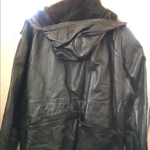 Michael Michelle Large black leather coat w/hood